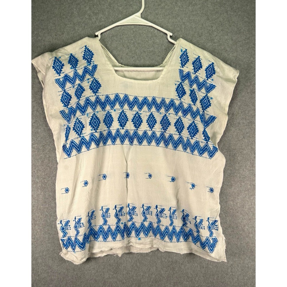 Traditional Mexican Embroidered Tunic Blouse Blue White Hand Woven Boho size Med